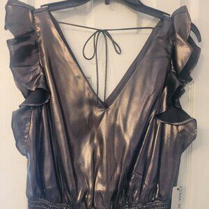 Shiny, bronze, sleeveless top with shirred waist & ruffled armholes, size M